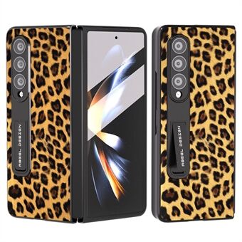 ABEEL För Samsung Galaxy Z Fold3 5G Kickstand Bakstycke Leopardmönster PU-läder+PC-telefonfodral med härdat glasfilm