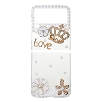 Crown Flower Sticking Diamond Pearls Decor Anti-Drop Snyggt hårt PC-skyddande telefonfodral för Samsung Galaxy Z Flip3 5G