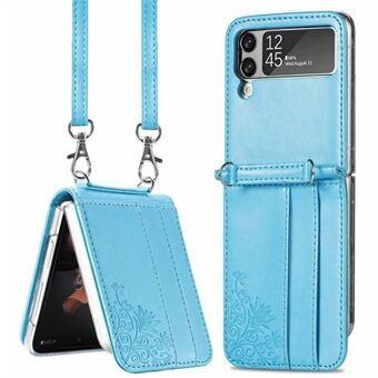För Samsung Galaxy Z Flip3 5G Flower Imprinted PU-läder + PC-vikbart telefonfodral med kortplatser/axelrem