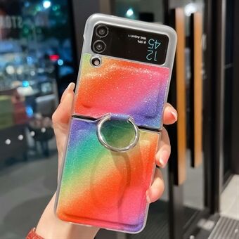 För Samsung Galaxy Z Flip3 5G Rainbow Gradient Färg Glittrande Glitter Telefonfodral Finger Ring Hållare PU Läderbelagd PC Cover