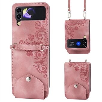 För Samsung Galaxy Z Flip3 5G tryckta blommor Vikbart telefonfodral Skin-touch PU- Stand Korthållare med axelrem