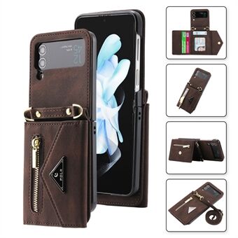 POLA För Samsung Galaxy Z Flip3 5G Zipper Pocket Kickstand Flera kortplatser PU-lädertelefonskal med axelrem