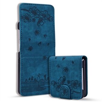 För Samsung Galaxy Z Flip3 5G Imprinted Cat Flower Cover PU-läderkorthållare Telefonfodral