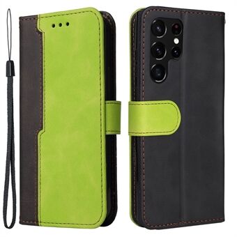 Affärsstil Splitsning Dubbelfärgad Full Protection Plånbok Design Telefonfodral med Stand för Samsung Galaxy S22 Ultra 5G - Grön