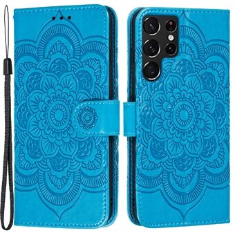 Imprinting Mandala Flower Horizontal Flip PU Läderfodral Stand Plånbok Telefonskydd med rem för Samsung Galaxy S22 Ultra 5G