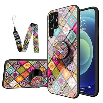 Fallbeständigt välskyddat härdat glas + PC + TPU Kickstand telefonfodral med rem för Samsung Galaxy S22 Ultra 5G