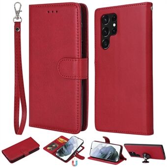 KT Leather Series-3 Löstagbart 2-i-1 designtelefonfodral för Samsung Galaxy S22 Ultra 5G, PU- Stand Magnetiskt stötsäkert skyddsfodral med rem