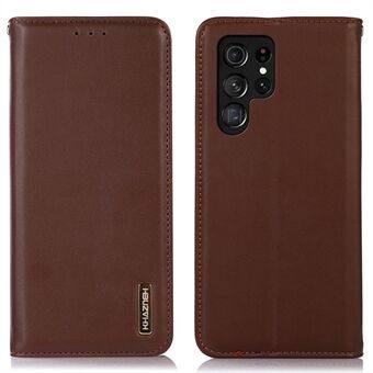 KHAZNEH Skyddsfodral för Samsung Galaxy S22 Ultra 5G plånbokstelefonfodral Äkta kohudsläderfodral Anti- Scratch Magnetisk stängning Stand skal