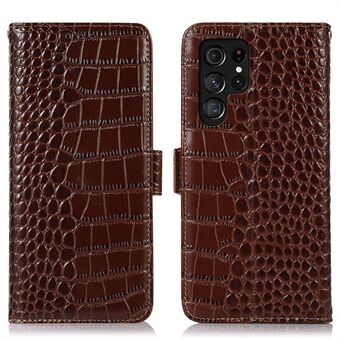 För Samsung Galaxy S22 Ultra 5G Fullständigt skydd RFID-blockerande plånboksfodral i äkta kohudsläder, Stand Magnetic Flip Foliofodral
