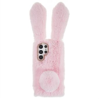 För Samsung Galaxy S22 Ultra 5G Söta 3D Bunny Ears Furry Winter Warm Case Mjukt TPU Skyddstelefonfodral med glitter Rhinestone Bowknot