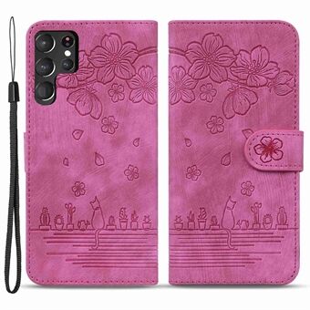 För Samsung Galaxy S22 Ultra 5G Anti-fall telefonplånboksfodral Cherry Blossom Cat Imprinted PU- Stand Brunnsskydd Mobilfodral med rem