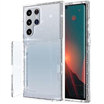För Samsung Galaxy S22 Ultra 5G Cardcase Series Glitter Shockproof Cover Kickstand Förtjockad PC + TPU telefonfodral med korthållare / spegel - Genomskinlig