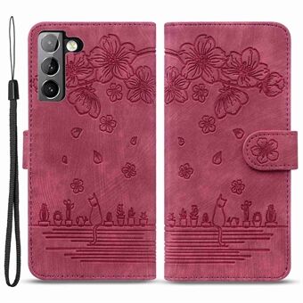 För Samsung Galaxy S22 5G Anti-fall Scratch telefonplånboksfodral Cherry Blossom Cat Imprinted PU- Stand Brunnsskydd Mobilfodral med rem