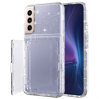 För Samsung Galaxy S22 5G Cardcase Series Glitter Telefonfodral Korthållare Kickstand Förtjockad PC + TPU-fodral med spegel - Genomskinlig
