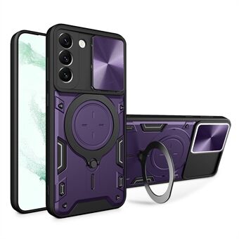 För Samsung Galaxy S22 5G Roterbart Kickstand Bakstycke PC + TPU telefonfodral med skjutbart kameralock