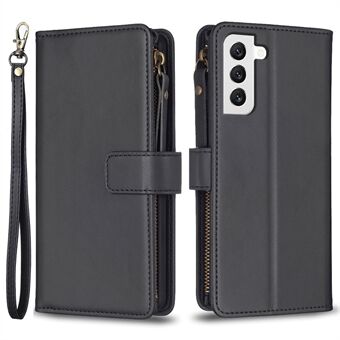 BF Style-19 för Samsung Galaxy S22 5G Zipper Pocket PU Stand Enfärgat plånboksfodral