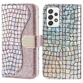 Anti-drop Splicing Krokodil Texture Glittrigt pulver Stötsäkert TPU+PU Stand Plånboksfodral för Samsung Galaxy A53 5G