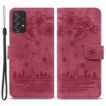För Samsung Galaxy A53 5G Fallsäkert plånboksfodral Cherry Blossom Cat Imprinted PU- Stand Anti Scratch Flip Cover med rem
