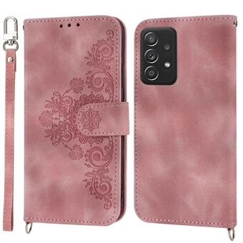 För Samsung Galaxy A53 5G Stöd Stand Skin-touch Imprinted Flowers Mönster Läderfodral Plånbok Telefonskydd med handledsrem och axelrem
