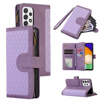 För Samsung Galaxy A53 5G Zipper Pocket Stand Plånboksskal 9 kortplatser Rhombus Grid Telefonfodral