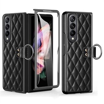 För Samsung Galaxy Z Fold4 5G Finger Ring Design Rhombus Imprinted Anti-scratch Leather Coated PC Electroplating Case med Tempered Glass Screen Film.