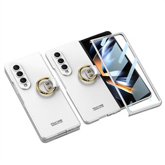 GKK för Samsung Galaxy Z Fold4 5G Ultra Slim Hard PC Cover Metal Ring Telefonfodral med skärmskydd i härdat glas