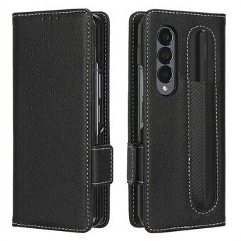 För Samsung Galaxy Z Fold4 5G PU läder plånboksfodral Litchi Texture Stand Slitstarkt PC Shell Book Flip Cover med pennhållare