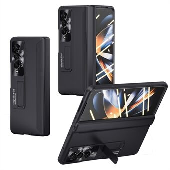 För Samsung Galaxy Z Fold4 5G Gummibelagt PC-skal Sidgångjärn Kickstand Vikbart telefonfodral med skärmskydd i härdat glas