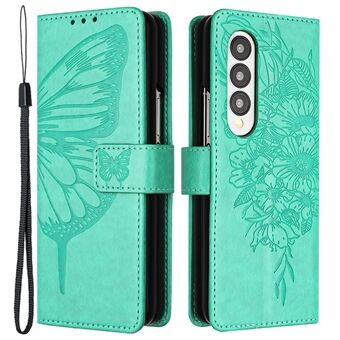 YB Imprinting Series-4 för Samsung Galaxy Z Fold4 5G PU-läder plånboksfodral Magnetstängning Butterfly Flower Imprinted Flip Stand Telefonskydd med rem