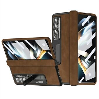 För Samsung Galaxy Z Fold4 5G Magnetisk gångjärn Kickstand Telefonfodral Nappa Texture PU Läderbelagd PC Anti-Drop Cover med härdat glas skärmfilm