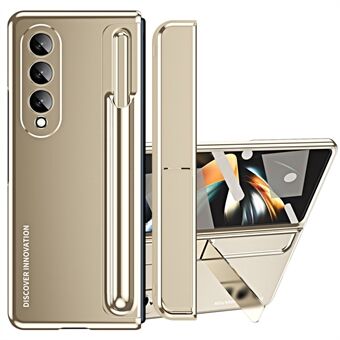 För Samsung Galaxy Z Fold4 5G Gångjärnsskydd Kickstand Telefonfodral Hårt PC Fallsäkert skal med skärmfilm av härdat glas