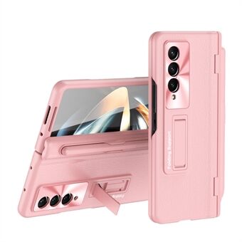För Samsung Galaxy Z Fold4 5G Kickstand telefonfodral PU-läderbelagd PC-gångjärnsskydd med penna och härdat glasfilm
