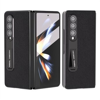 ABEEL för Samsung Galaxy Z Fold4 5G kohudsläderbelagd PC-telefonskydd Kickstand Litchi Texture Case med härdat glasfilm