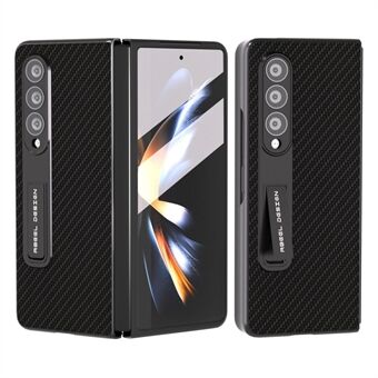 ABEEL för Samsung Galaxy Z Fold4 5G kolfibertextur Stötsäkert fodral PU-läder+PC Stödtelefonfodral med härdat glasfilm