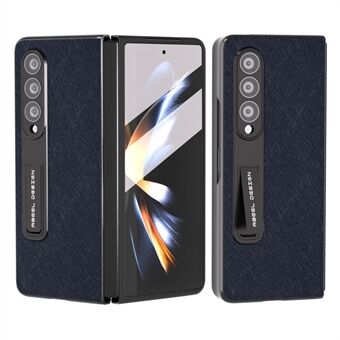 ABEEL För Samsung Galaxy Z Fold4 5G Kickstand Kohud Läderbelagd PC-telefonfodral Cross Texture Anti-halkfodral med härdat glasfilm