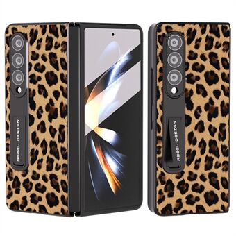ABEEL för Samsung Galaxy Z Fold4 5G leopardmönster telefonfodral Kickstand PU-läder PC-fodral med härdat glasfilm