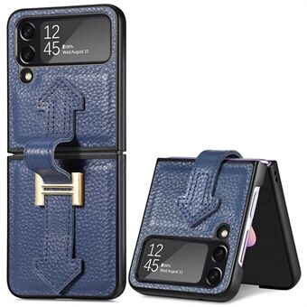 För Samsung Galaxy Z Flip4 5G Stötsäkert Litchi Texture Telefonfodral Kickstand Äkta läderbelagd hårt PC-fodral Vikbart telefonskal