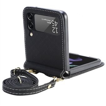 Anti-fall telefonfodral för Samsung Galaxy Z Flip4 5G, ett stycke designat telefonfodral med mönsterpräglat rutnät med lång snoddskorthållare