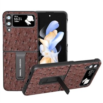 ABEEL för Samsung Galaxy Z Flip4 5G äkta koläder+PC Kickstand-fodral Ostrich Texture Telefonskal