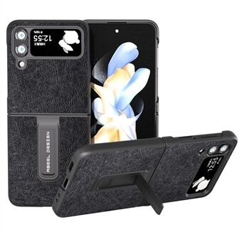 ABEEL För Samsung Galaxy Z Flip4 5G Kickstand Skyddsfodral PU Läder+PC Retro Litchi Texture Telefonskal