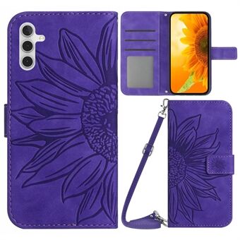 För Samsung Galaxy A14 5G HT04 Imprinted Sunflower PU Stand Skin-Touch Magnetlås Telefonplånboksfodral med axelrem