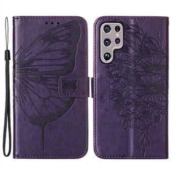 YB Imprinting Series-4 för Samsung Galaxy S23 Ultra PU Läder Fullt skydd Telefonfodral Butterfly Flower Imprinted Flip Stand Plånboksfodral med rem