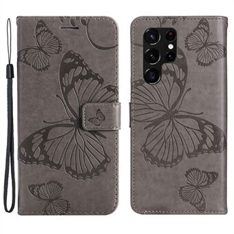 KT Imprinting Flower Series-2 telefonfodral för Samsung Galaxy S23 Ultra PU Läderpräglat fjärilsmönster Magnetlås Stand Flip Wallet Cover