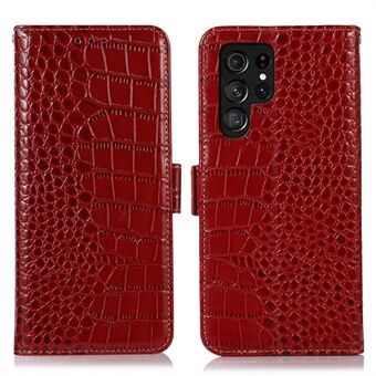 För Samsung Galaxy S23 Ultra Plånboksfodral i äkta nötskinn Crocodile Texture RFID Stand Magnetisk Flip Telefonskydd