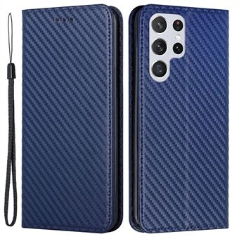 För Samsung Galaxy S23 Ultra Carbon Fiber Texture PU Läder Plånbok Flip Cover Stand Magnetic Absorption Telefonfodral med handledsrem