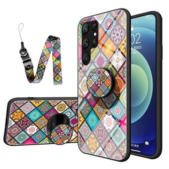 För Samsung Galaxy S23 Ultra Phone Cover Kickstand med lanyard blommönster härdat glas + PC + TPU skyddande mobiltelefonfodral