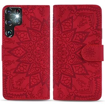 För Samsung Galaxy S23 Ultra Imprint Flower Phone Cover Plånbok Design Stand Shell Calf Texture Läderfodral
