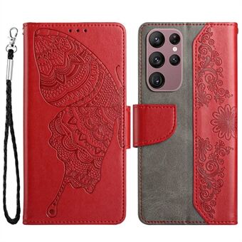 Telefonfodral i PU-läder till Samsung Galaxy S23 Ultra, plånboksfodral med fjärilsblomma med handsfree- Stand
