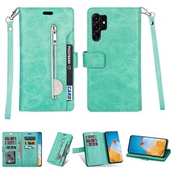 Anti-drop mobilfodral för Samsung Galaxy S23 Ultra multifunktionellt PU-läder blixtlås plånboksfodral Stand med rem