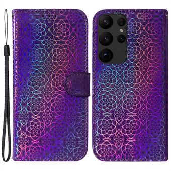 För Samsung Galaxy S23 Ultra Dazzling Flower Pattern PU-läderfodral Stand Fulltäckande inre TPU-telefonfodral med rem